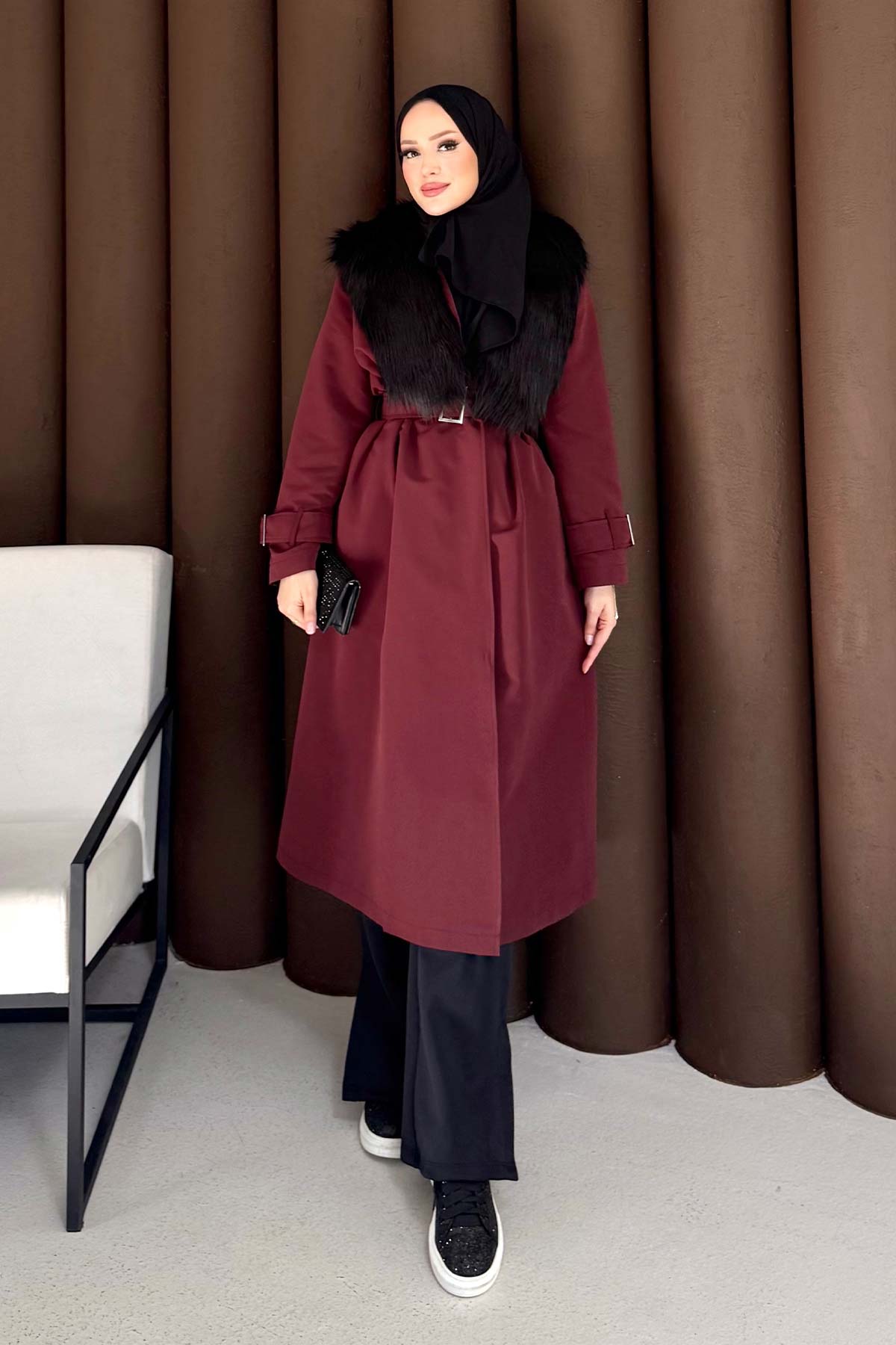 Kürklü Uzun Trençkot 32-3724