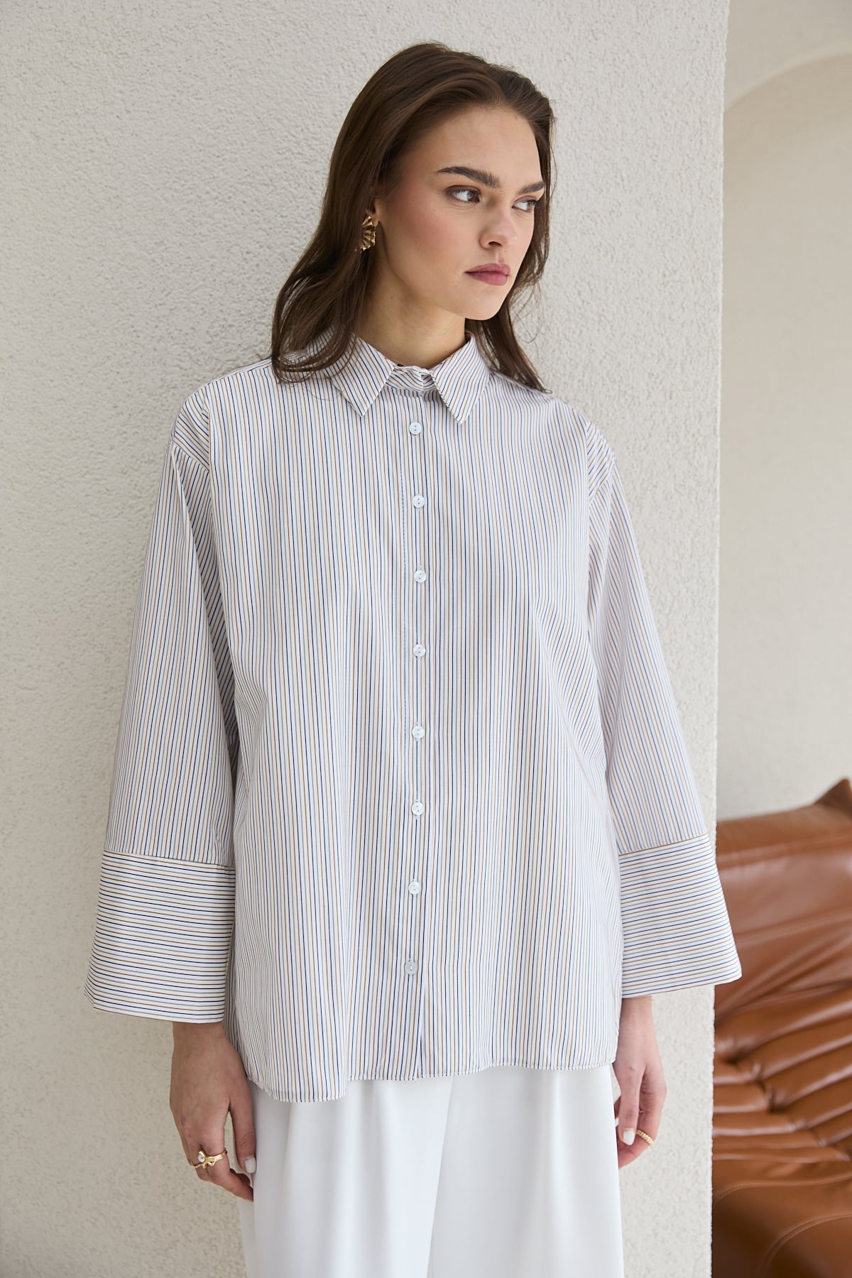 Oversize Çizgili Gömlek 32-2812
