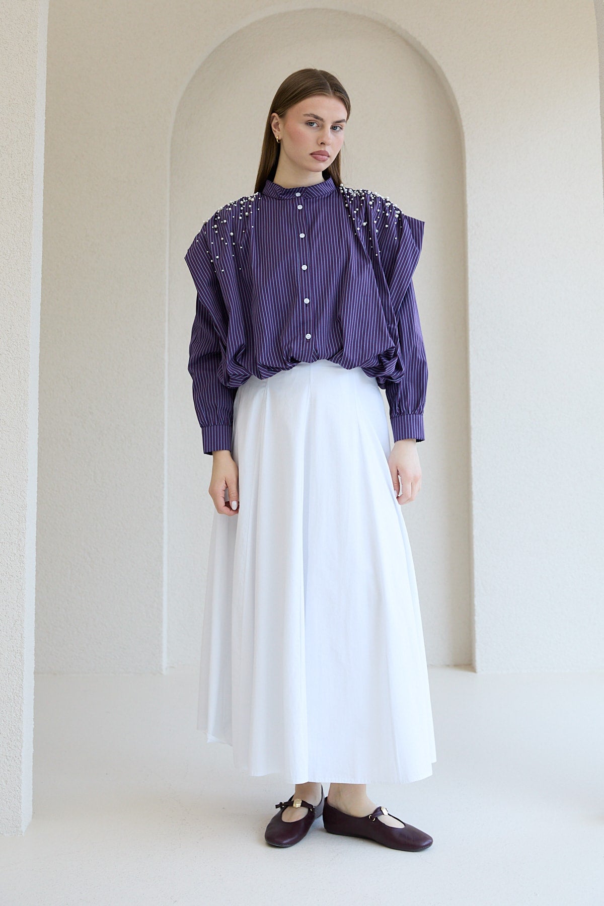 İncili Çizgili Gömlek 32-2837