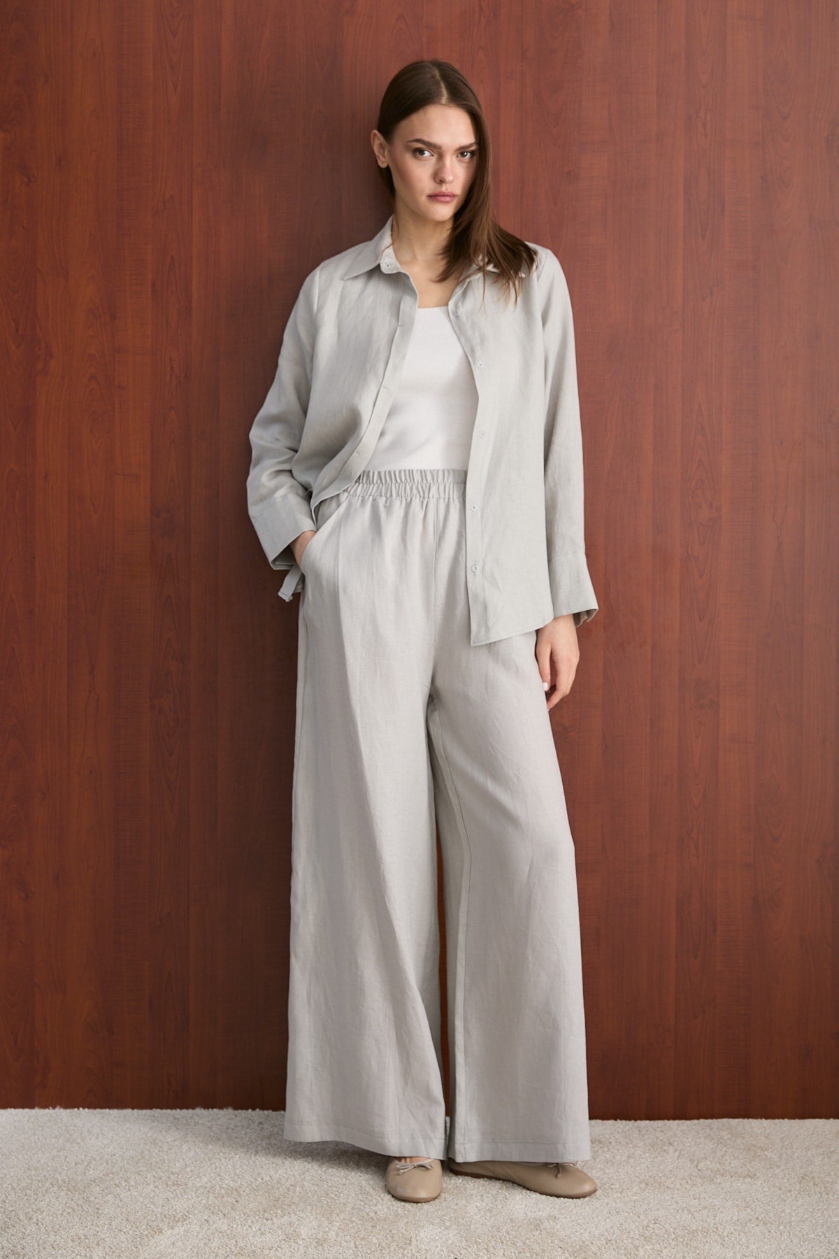 Keten Pantolon 32-2765-1 Gri Kadın Pantolon