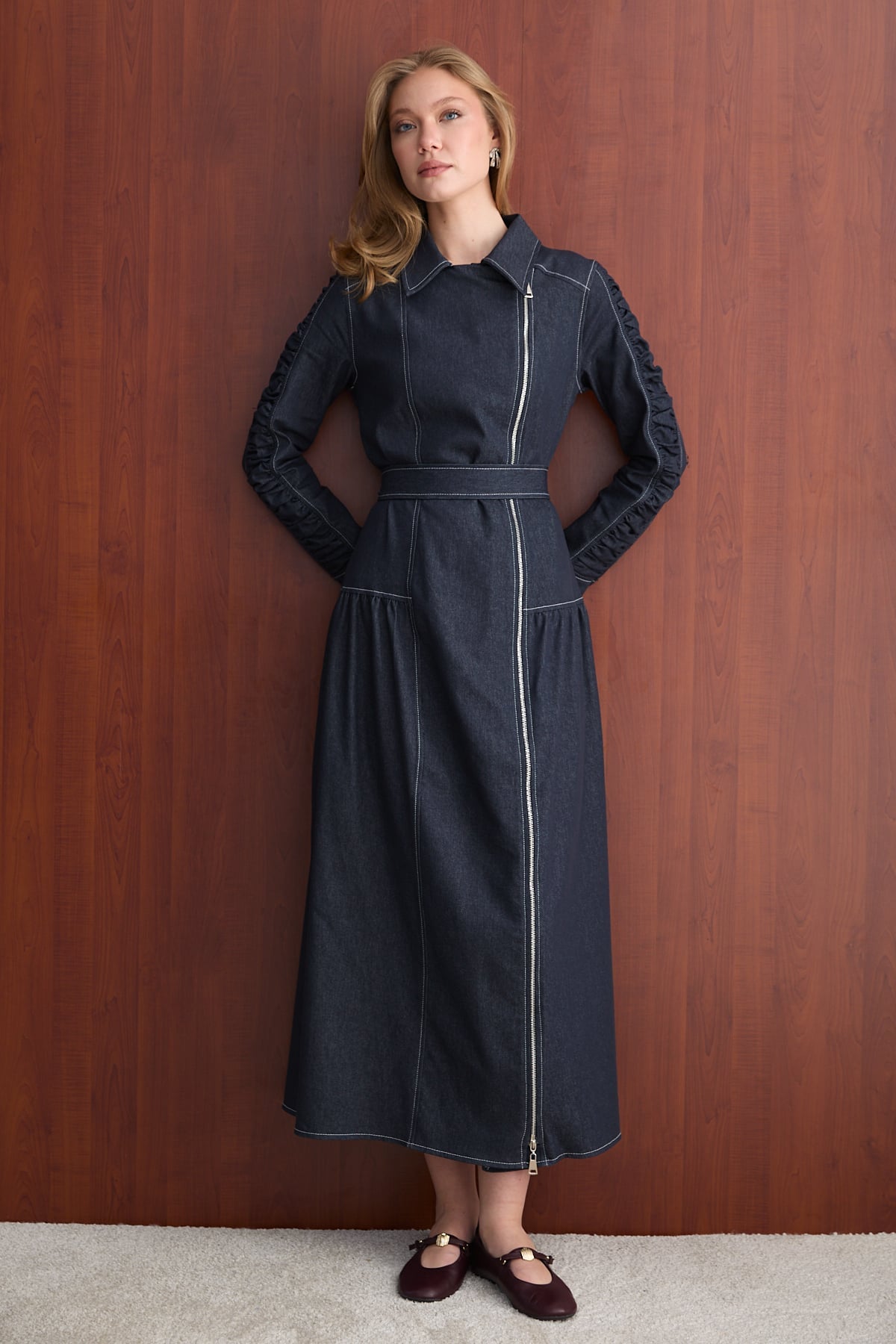 Fermuarlı Denim Elbise 32-2763