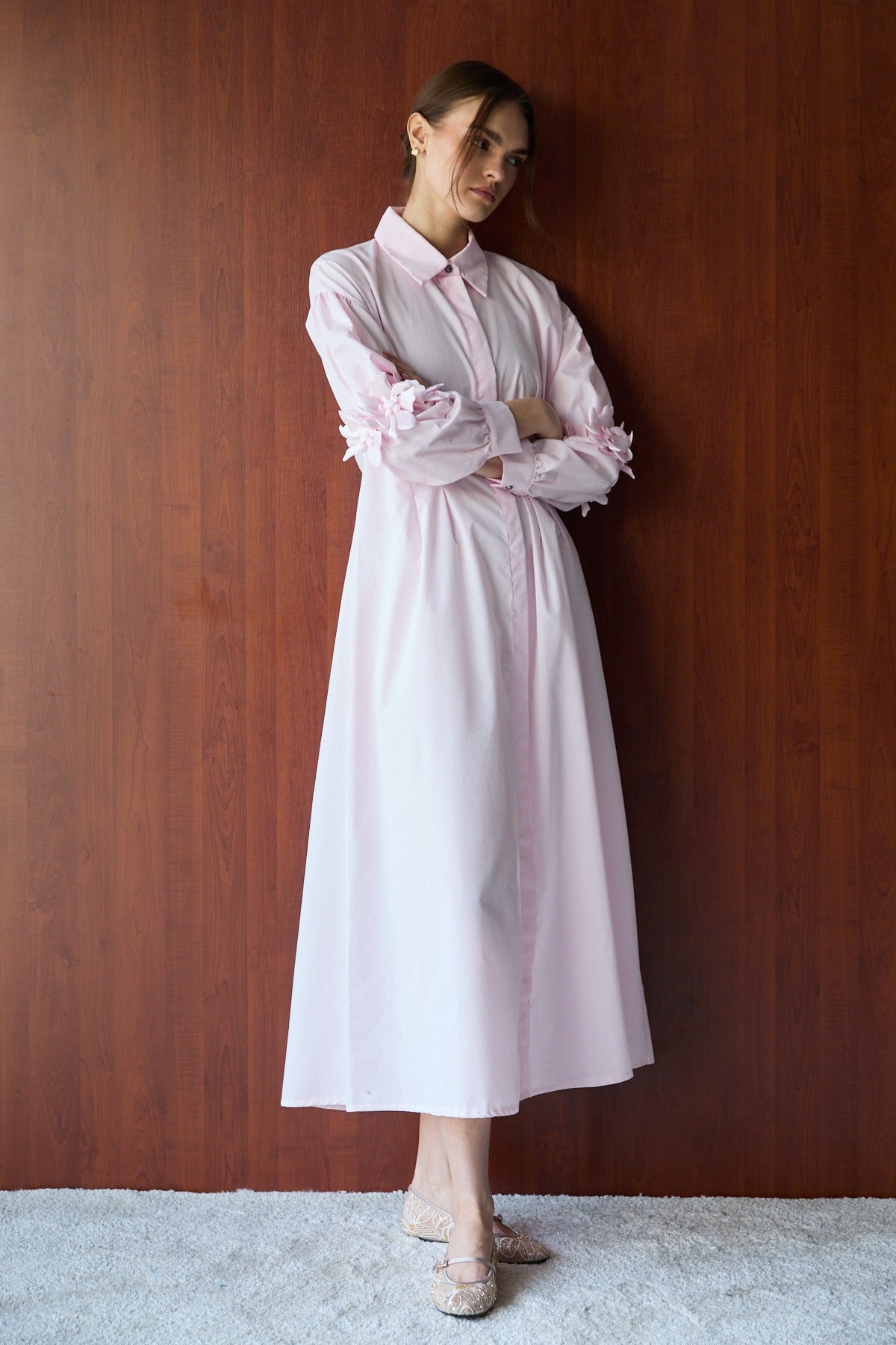 Çiçek Detaylı Poplin Elbise 32-2377-1