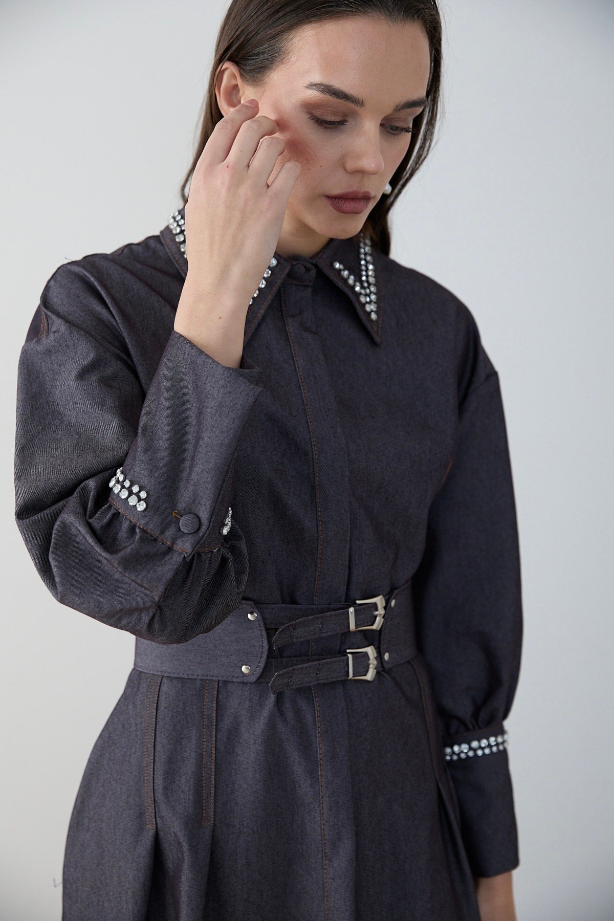 Taşlı Denim Elbise 32-2797