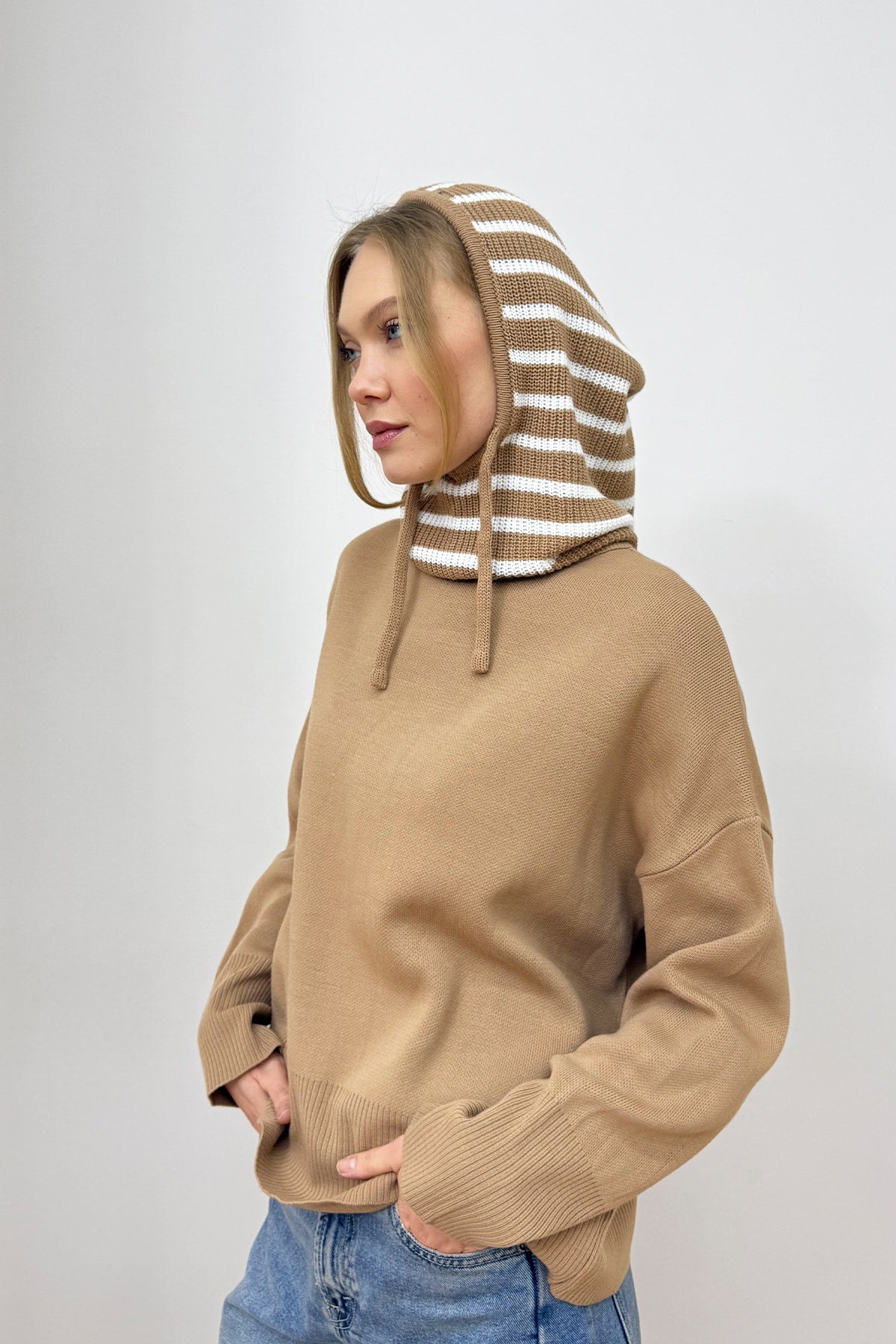 Çizgili Triko Balaklava Şapka 94-22169