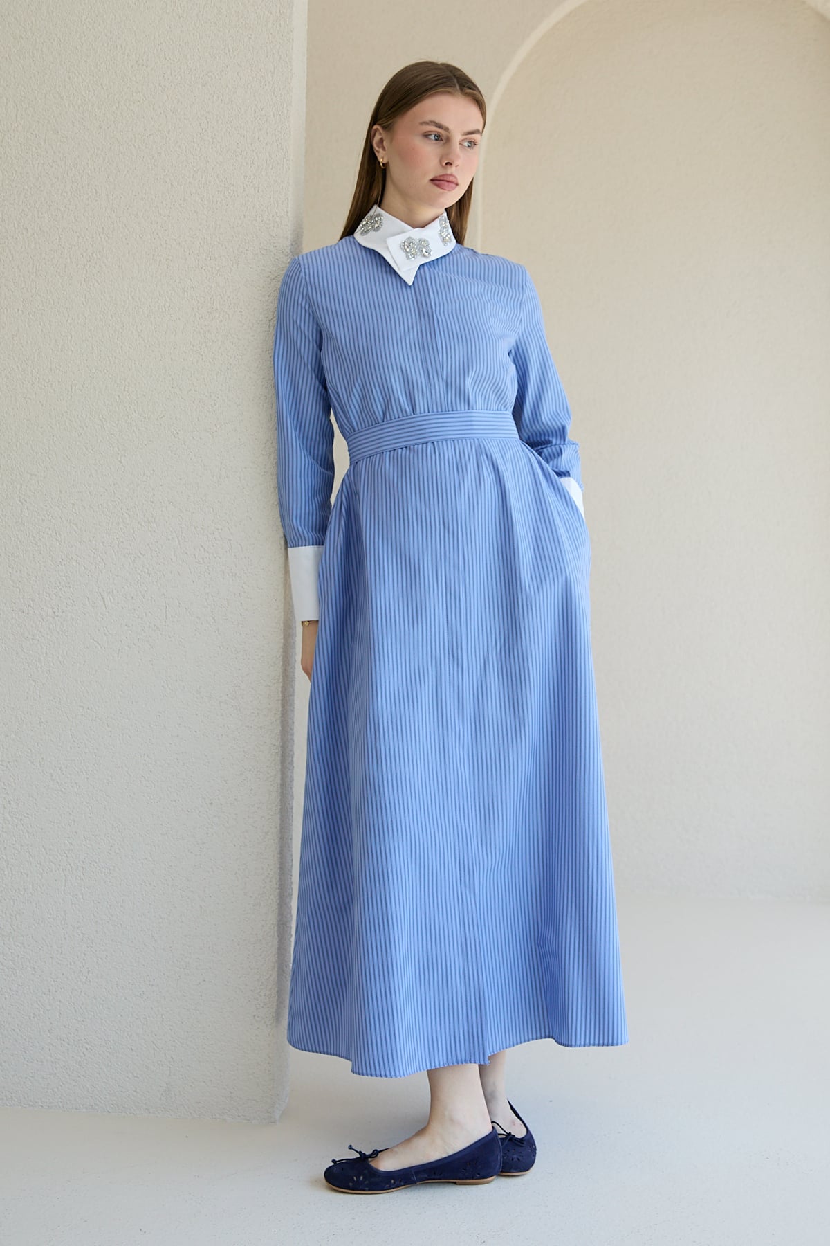 Yakası Taşlı Gömlek Elbise 32-2760