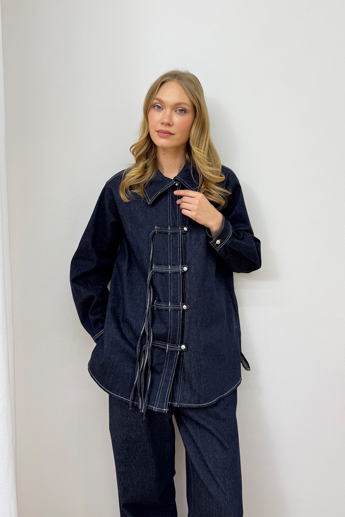 Düğmeli Denim Takım 3-4554