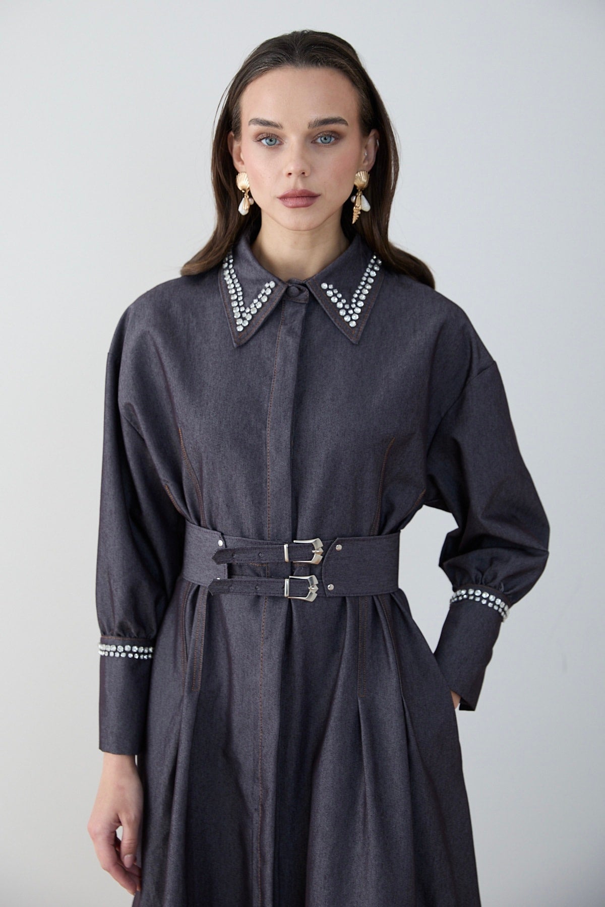 Taşlı Denim Elbise 32-2797