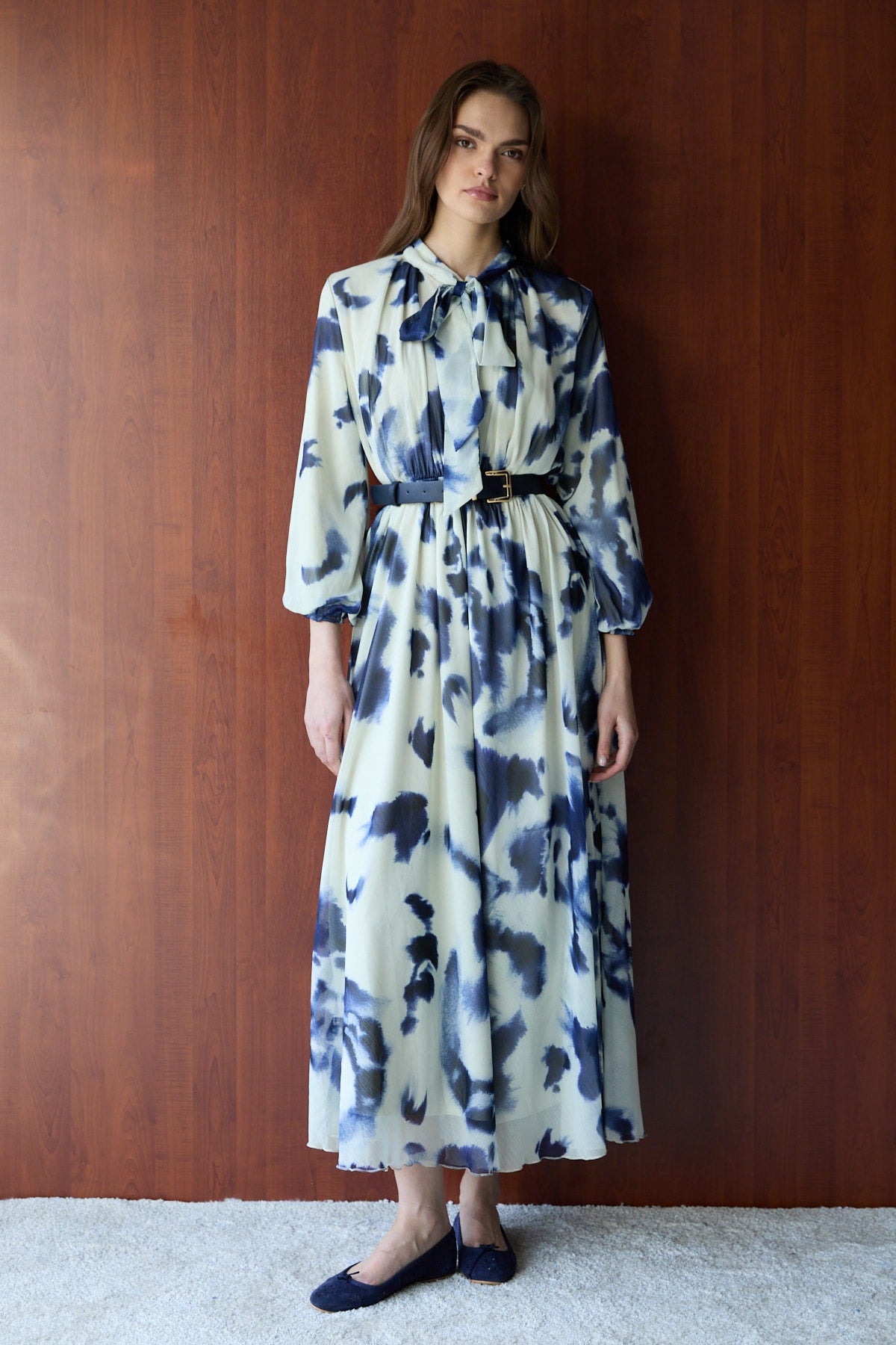 Desenli Kemerli Elbise 32-2726