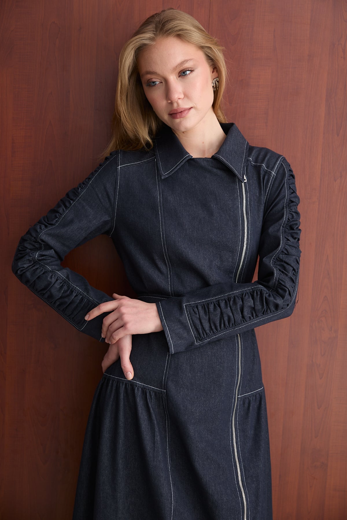 Fermuarlı Denim Elbise 32-2763