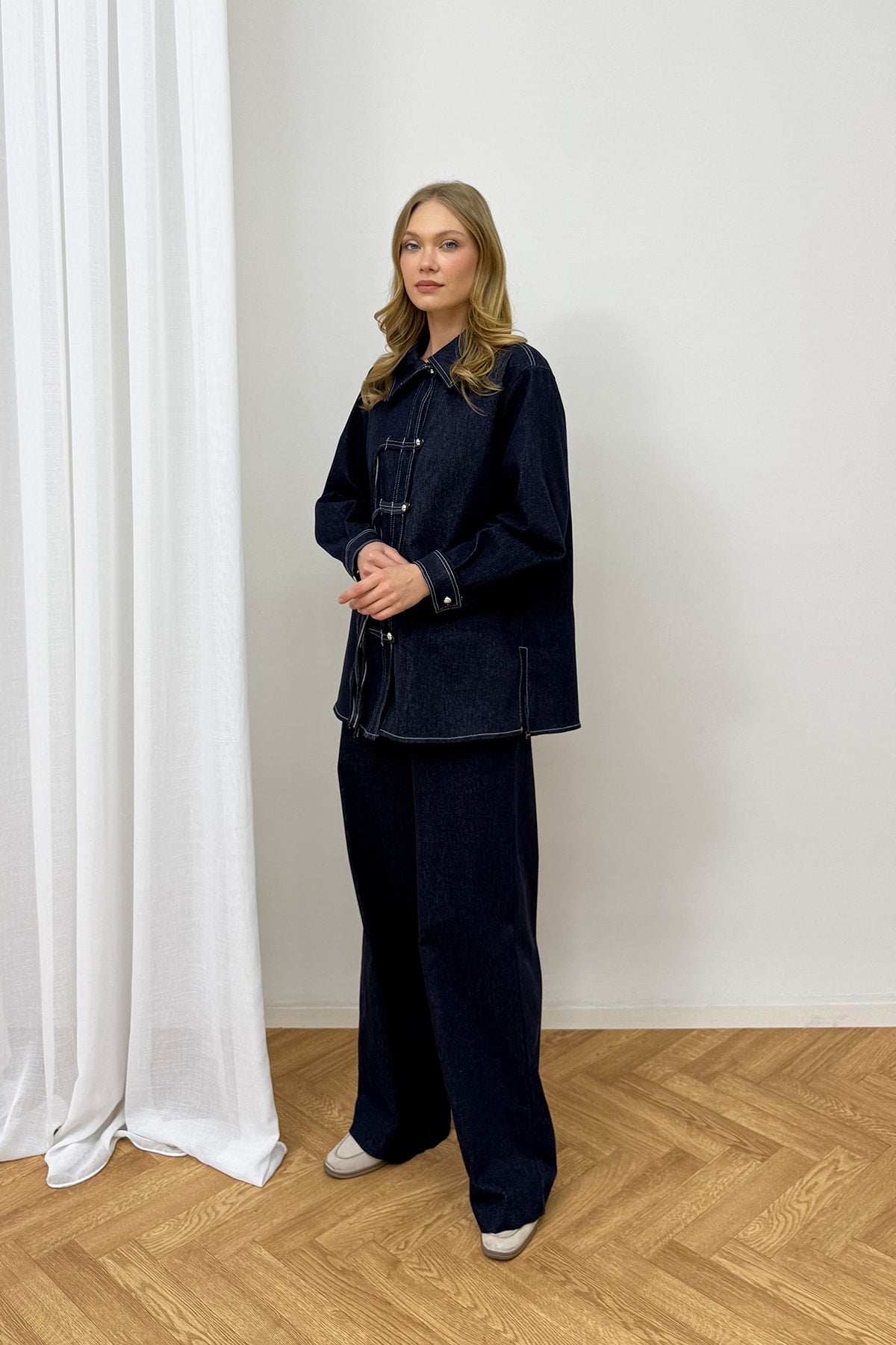 Düğmeli Denim Takım 3-4554