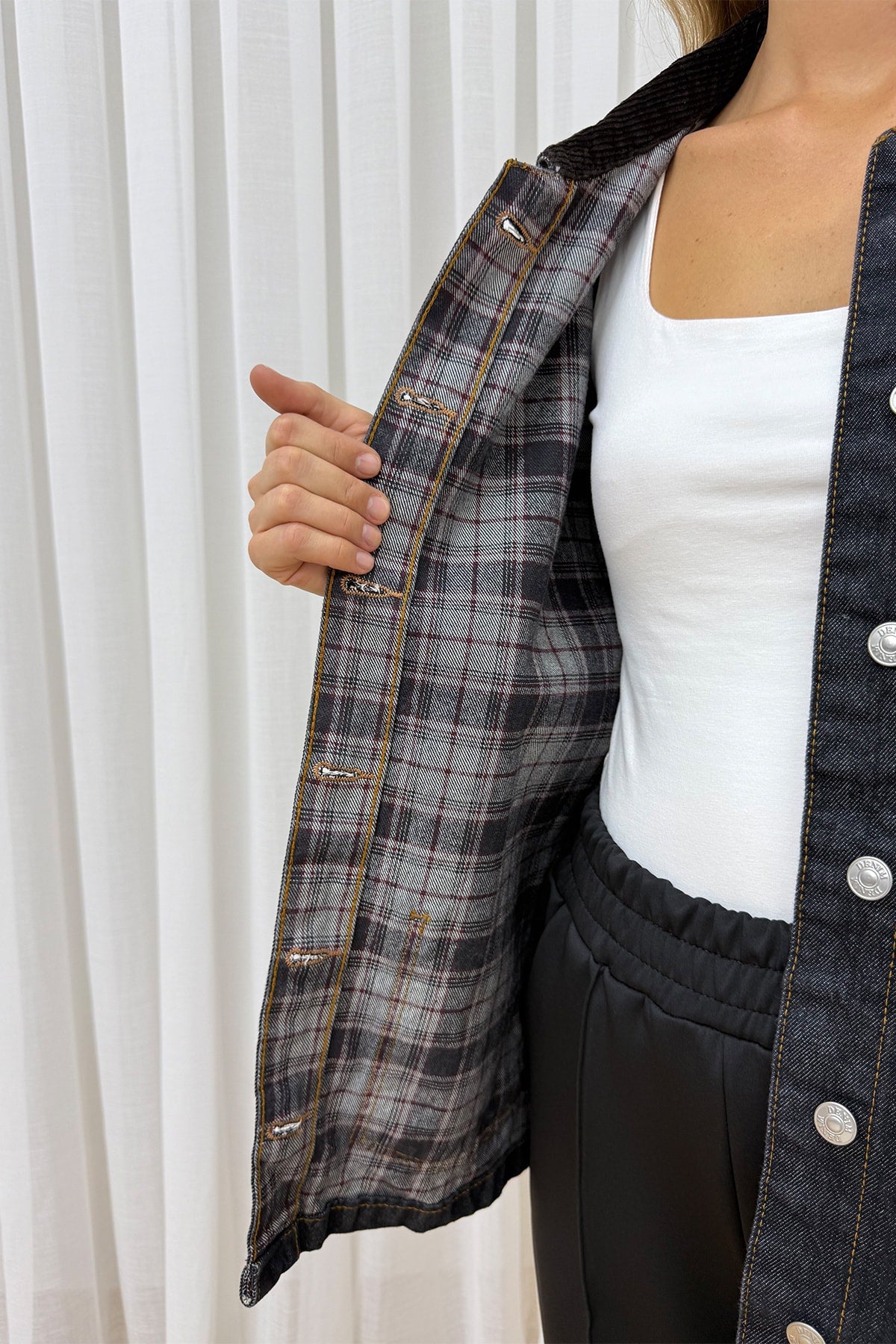 Ekose Desenli Denim Ceket 86-0277