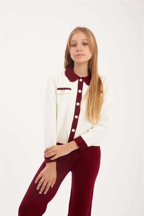 İnci Düğmeli Triko Hırka Düz Renk Triko Pantolon 2'li Takım Kırmızı 14 Yaş