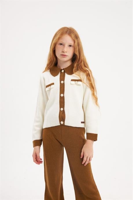 İnci Düğmeli Triko Hırka Düz Renk Triko Pantolon 2'li Takım Hardal 6 Yaş