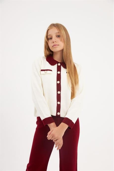 İnci Düğmeli Triko Hırka Düz Renk Triko Pantolon 2'li Takım Kırmızı 12 Yaş