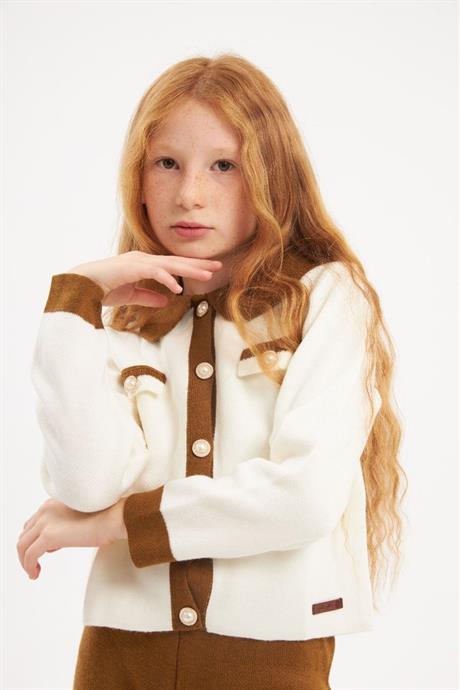 İnci Düğmeli Triko Hırka Düz Renk Triko Pantolon 2'li Takım Hardal 4 Yaş