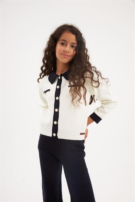 İnci Düğmeli Triko Hırka Düz Renk Triko Pantolon 2'li Takım Lacivert 8 Yaş