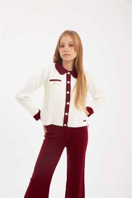 İnci Düğmeli Triko Hırka Düz Renk Triko Pantolon 2'li Takım Kırmızı 12 Yaş