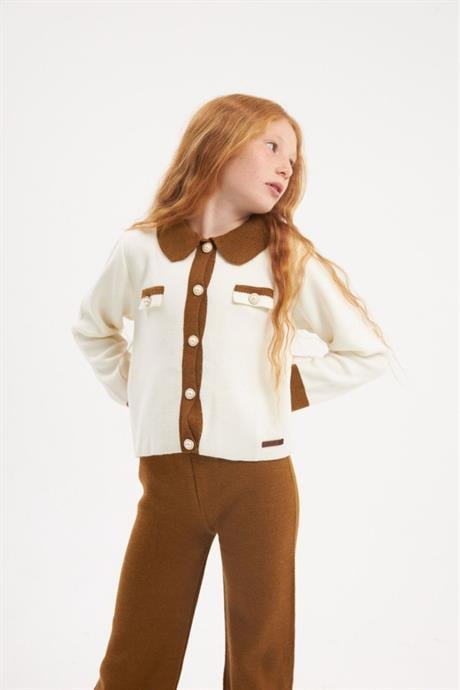 İnci Düğmeli Triko Hırka Düz Renk Triko Pantolon 2'li Takım Hardal 6 Yaş