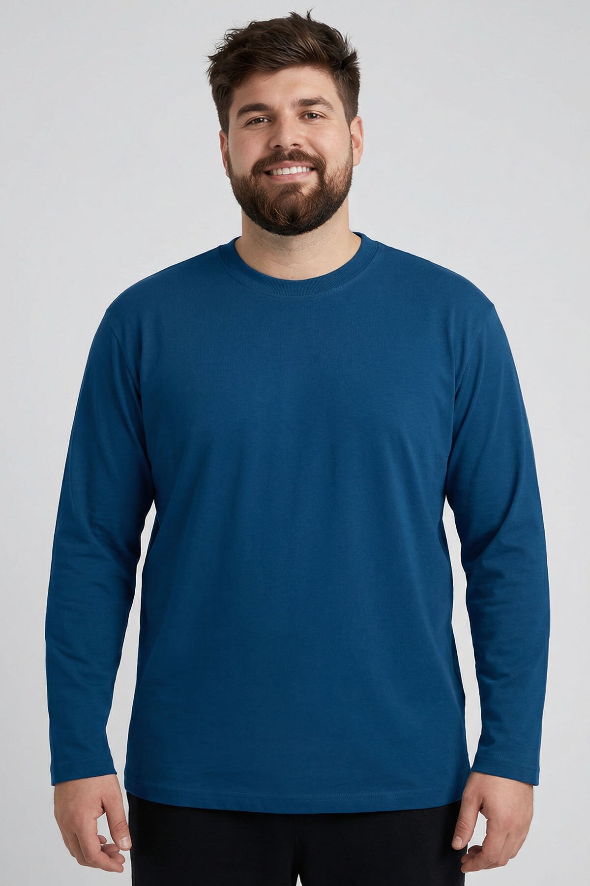 İndigo O Yaka Rahat Form Battal Büyük Beden Uzun Kollu Erkek T-Shirt - 88107