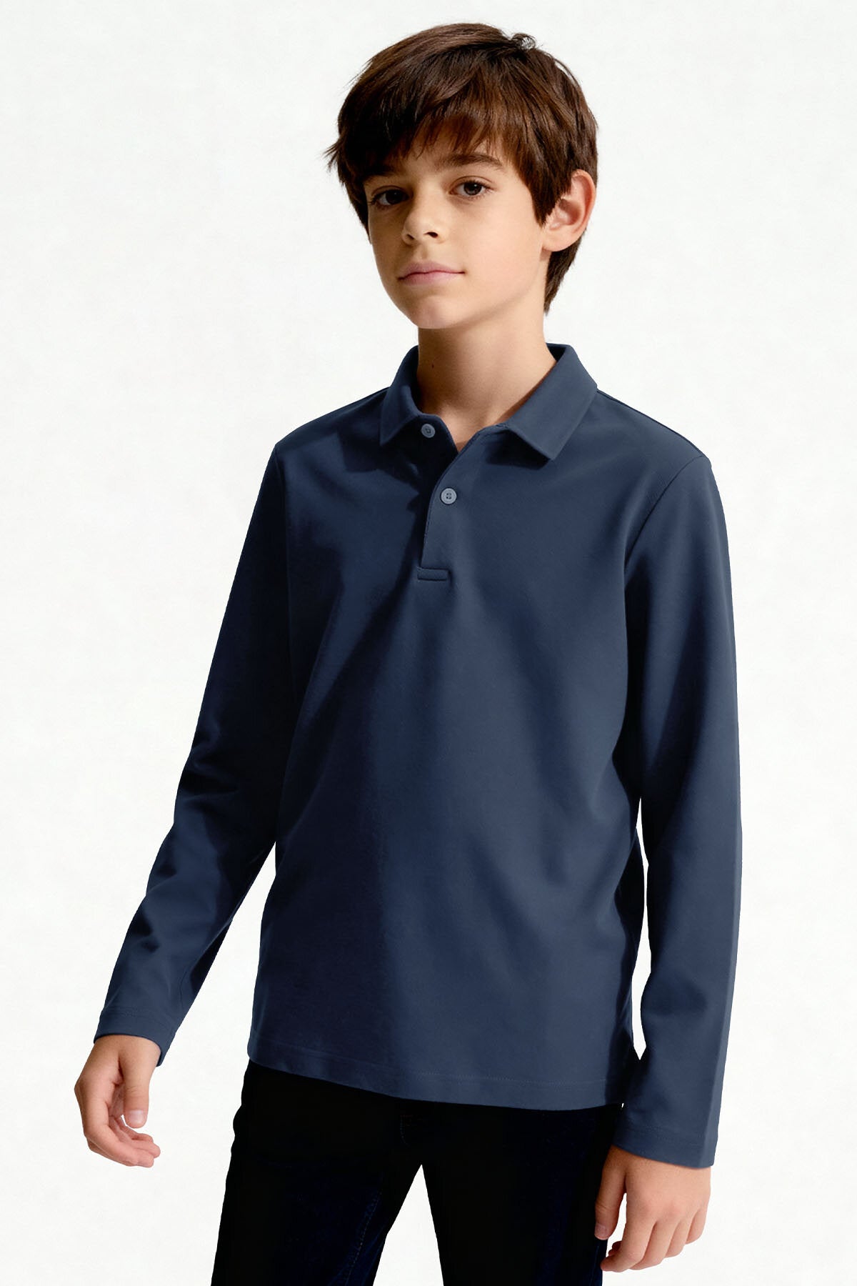 İndigo Polo Yaka Basic Uzun Kollu Unisex Çocuk T-Shirt - 11170