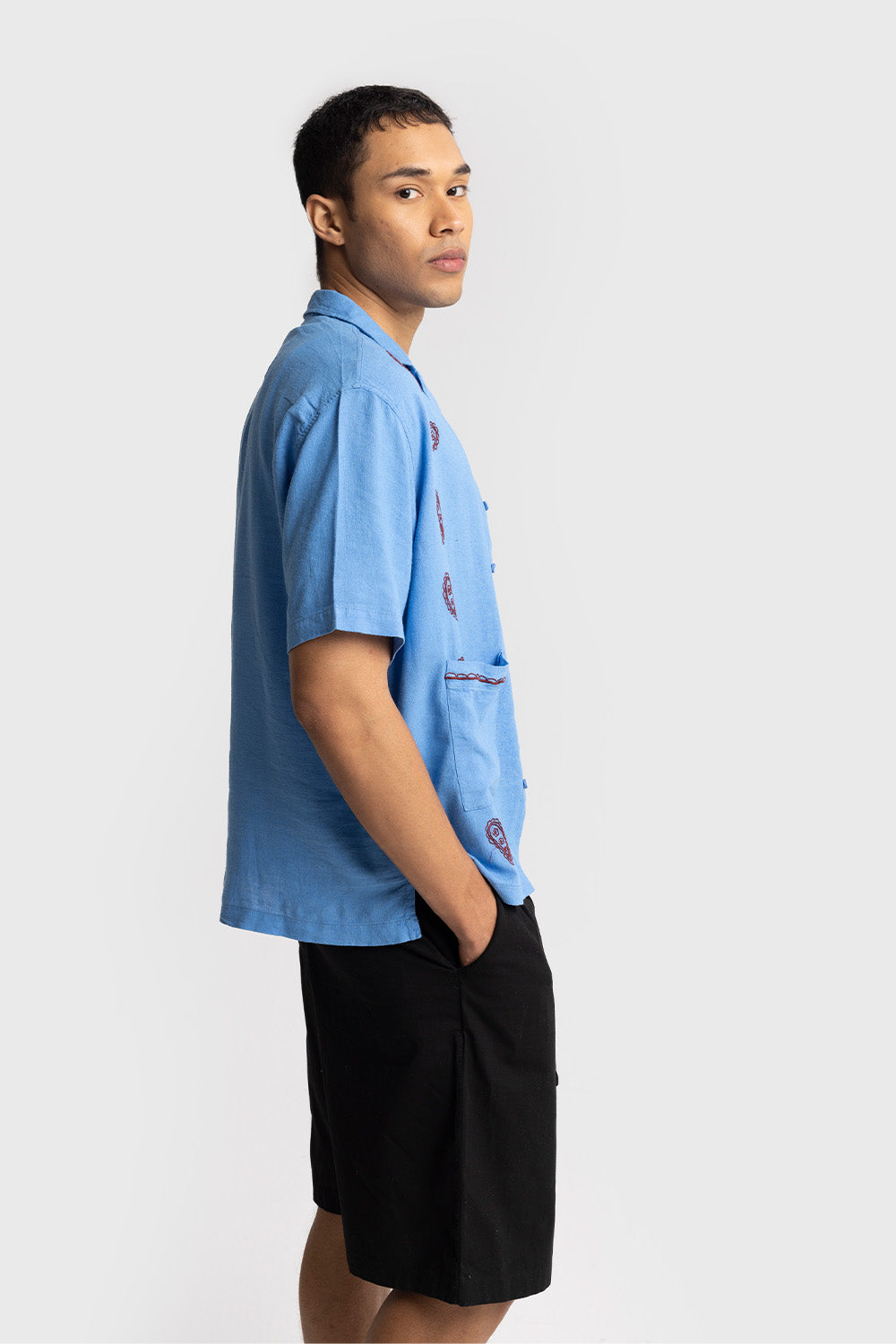 İŞLEME DETAYLI KISA KOLLU GÖMLEK - MAVİ S