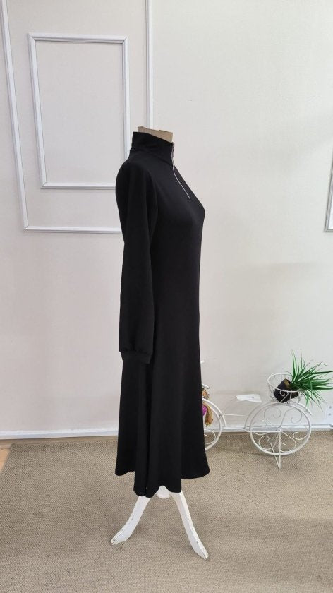 Kadın Uzun Kollu Fermuarlı Kiloş Midi Viskon Iki Iplik Elbise