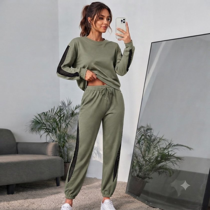 Kadın Uzun Kollu Bisiklet Yakalı File Tül Detaylı Viskon Iki Iplik Bluz Ve Pantolon Ikili Takım