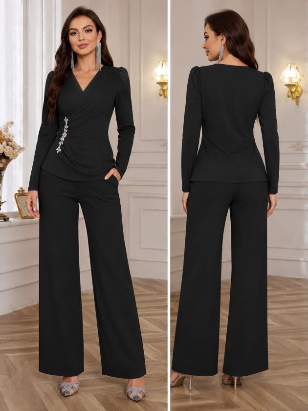 Kadın Uzun Kollu Kruvaze Yakalı Yan Tarafı Taşlı Ithal Krep Bluz Ve Pantolon Ikili Takım