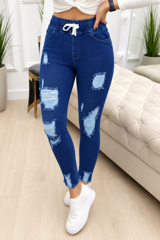 Kadın Yüksek Bel Beli Bağcıklı önden Yırtık Desenli Kot Pantolon