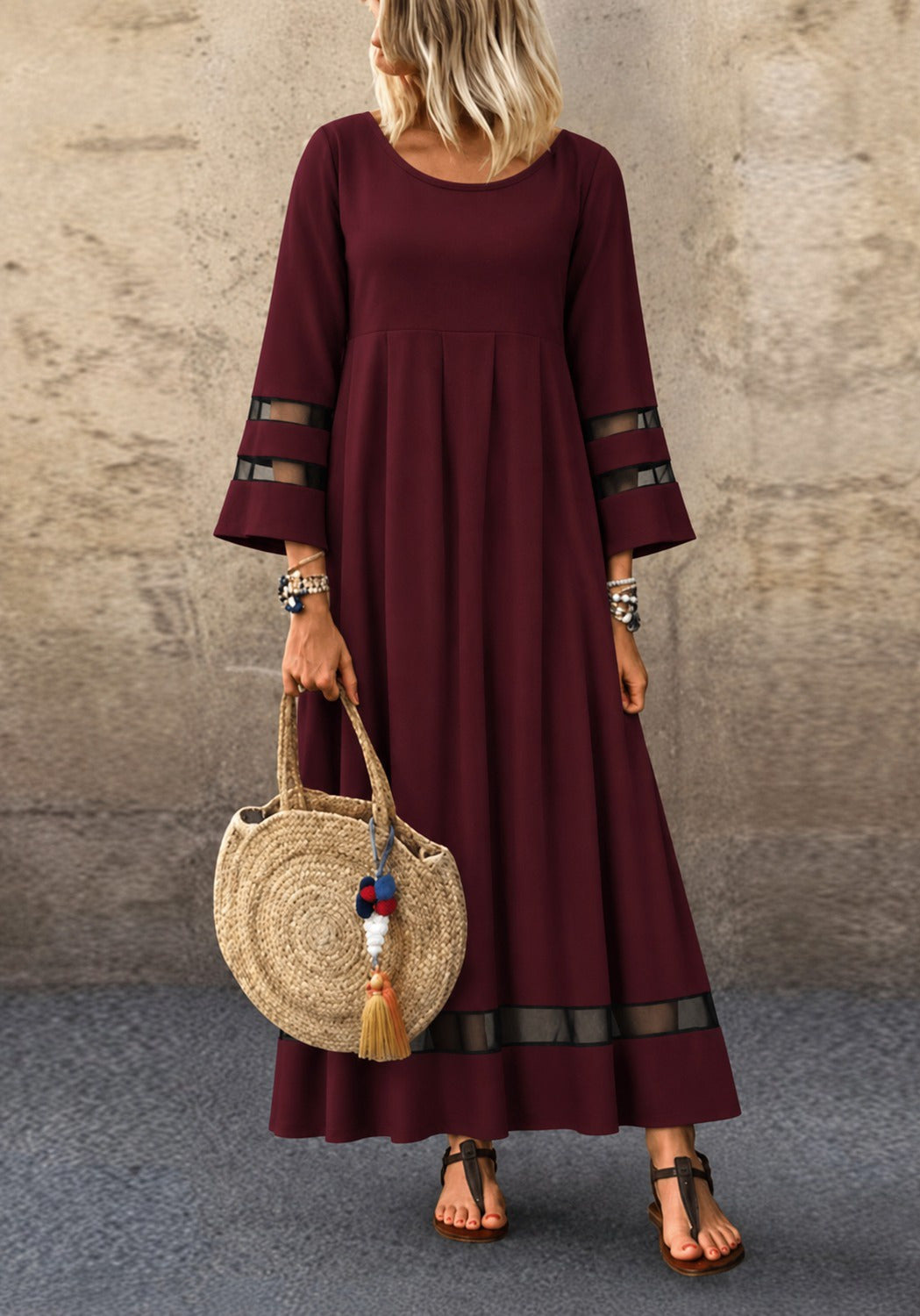 Kadın Truvakar Kollu Yakası Geniş U Detaylı Tül şeritli Uzun Janjan Krep Elbise
