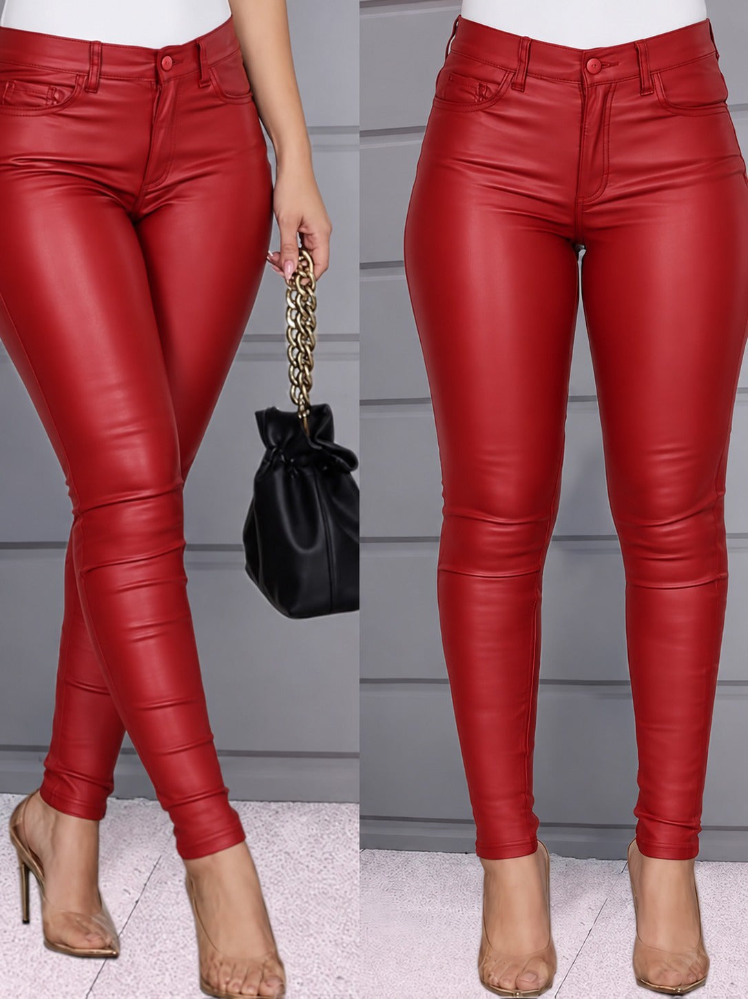Kadın Bel Dar Kesim Cep Detaylı Deri Pantolon