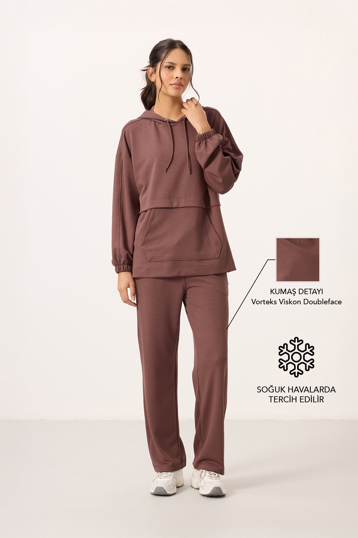 Kahverengi Yumuşak Dokulu Kapüşonlu Oversize Kadın Eşofman Tunik Takım - 95348