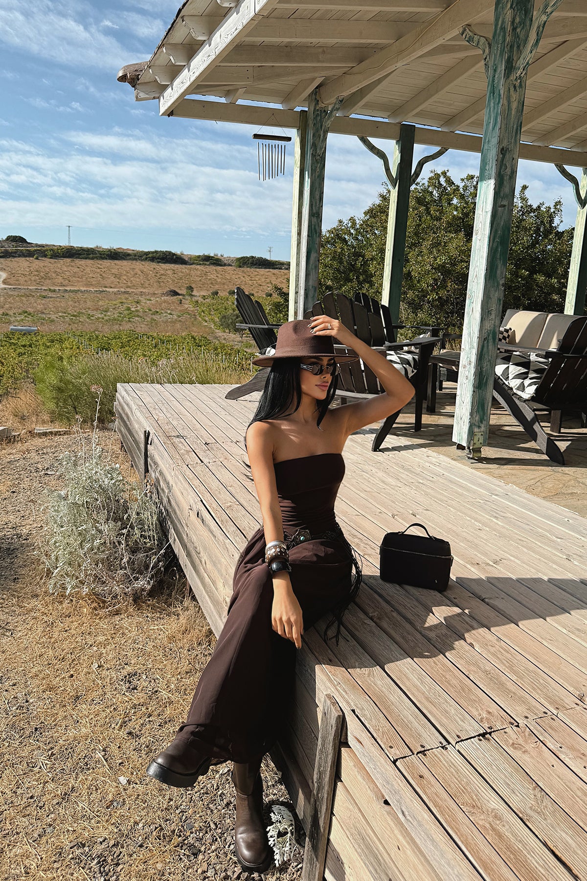 Kahverengi Damson Uzun Elbise ATE-3611