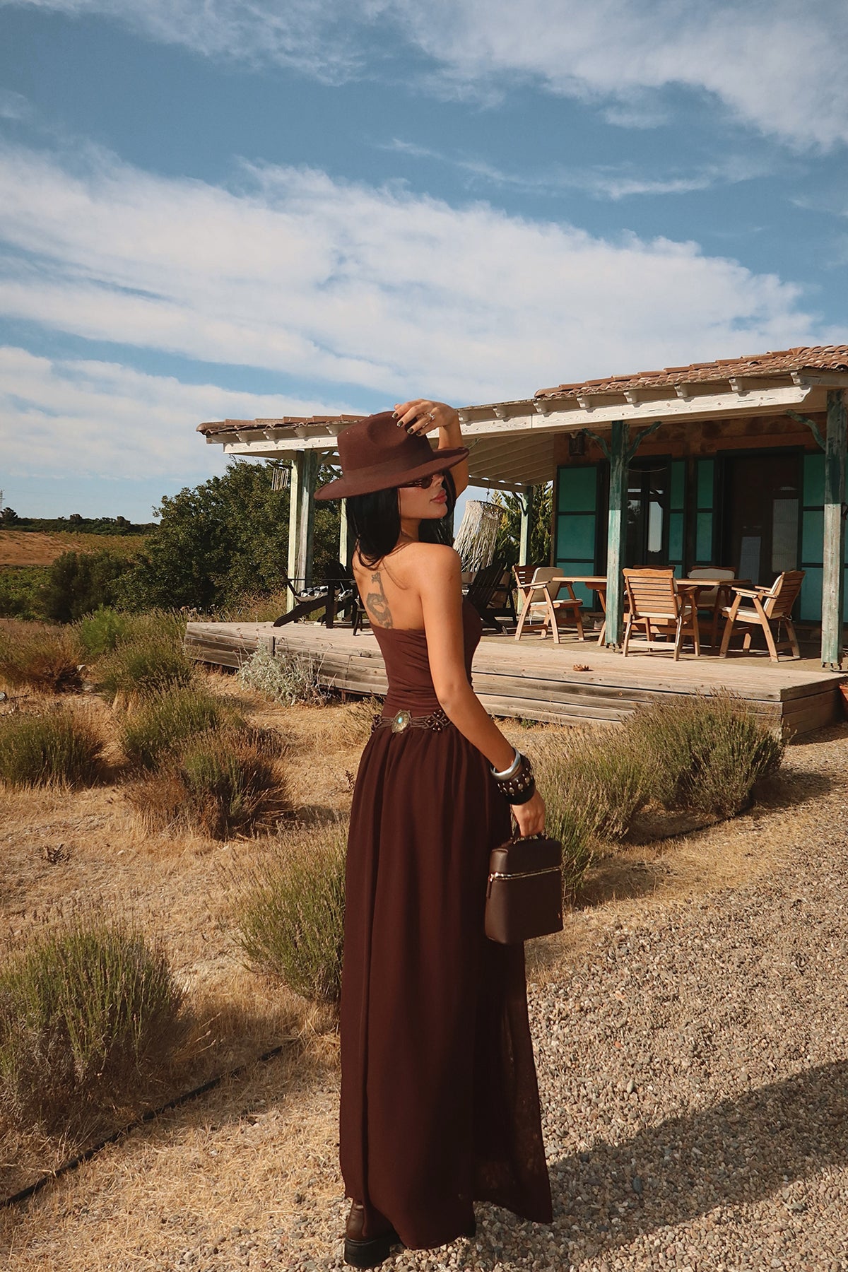 Kahverengi Damson Uzun Elbise ATE-3611