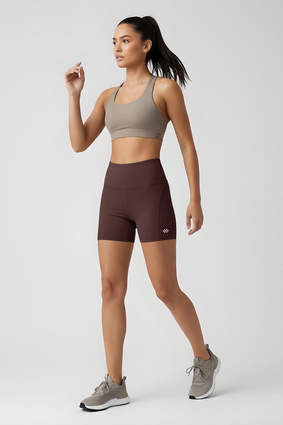 Kahverengi Kemer Detaylı Yüksek Bel Slim Fit Kısa Biker Kadın Tayt - 91017