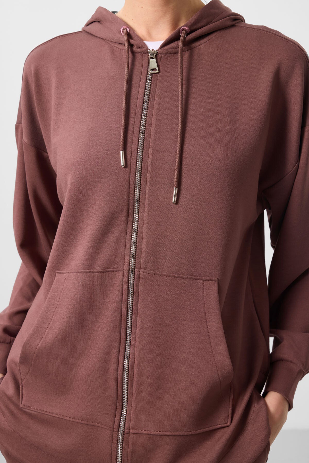 Kahverengi Yumuşak Dokulu Kapüşonlu Oversize Kadın Tunik Sweatshirt - 97302