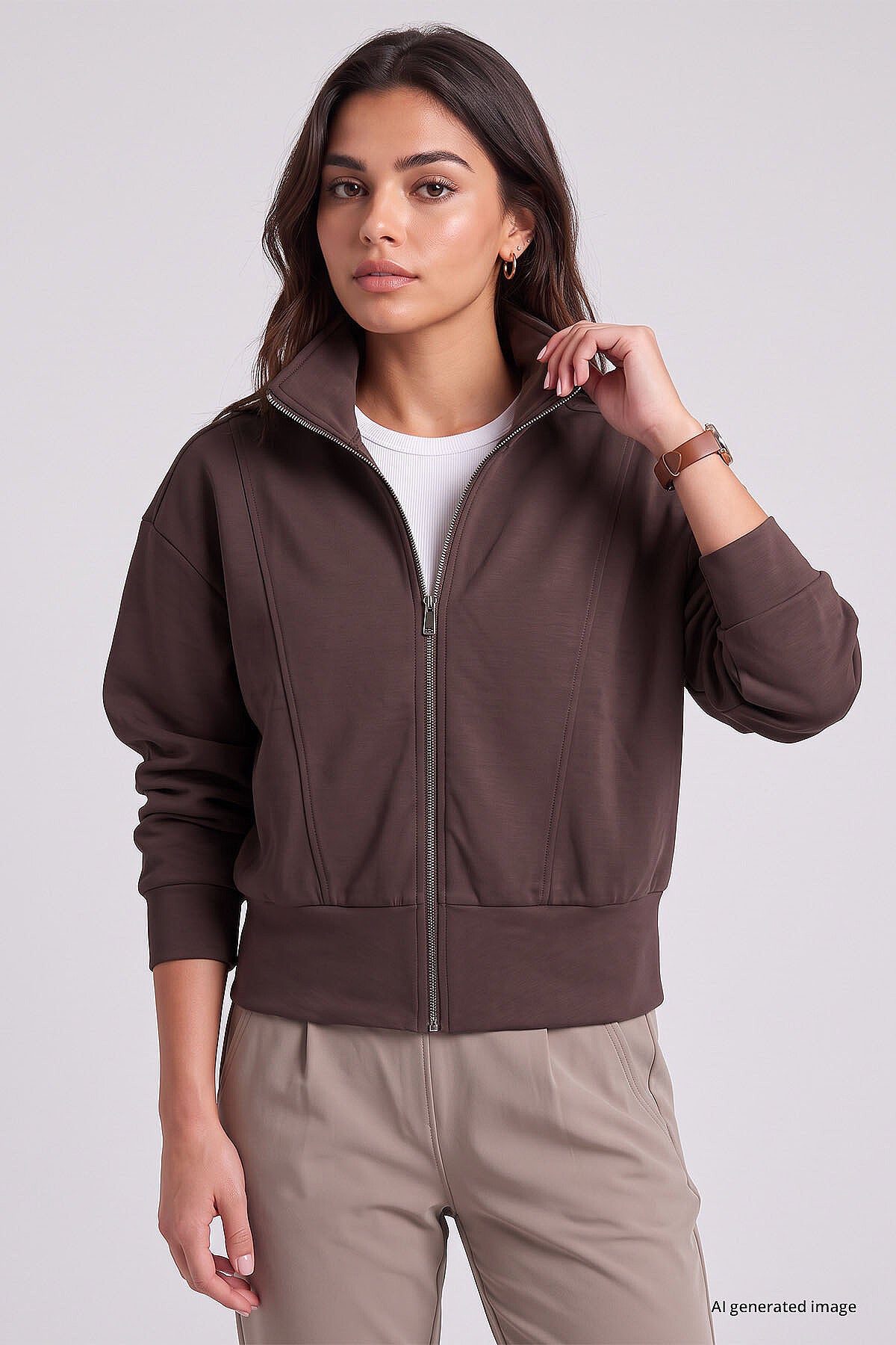 Kahverengi Dik Yaka Standart Kalıp Crop Kadın Sweatshirt - 97317