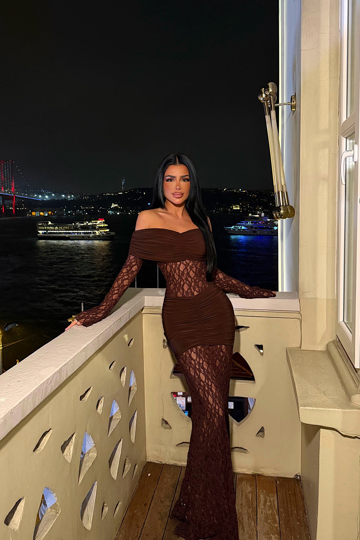 Kahverengi Ellodie Dantel Uzun Elbise ATE-4547