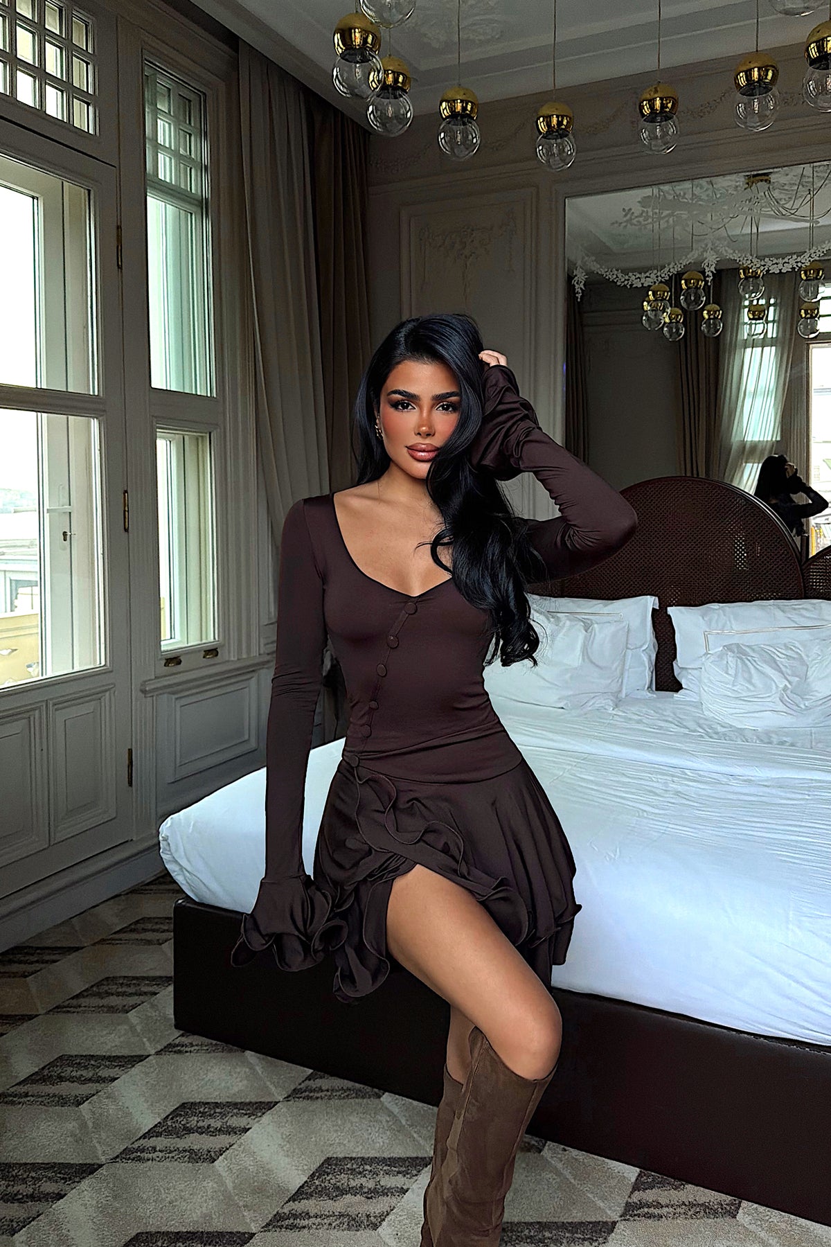 Kahverengi Taliah Mini Elbise ATE-4039