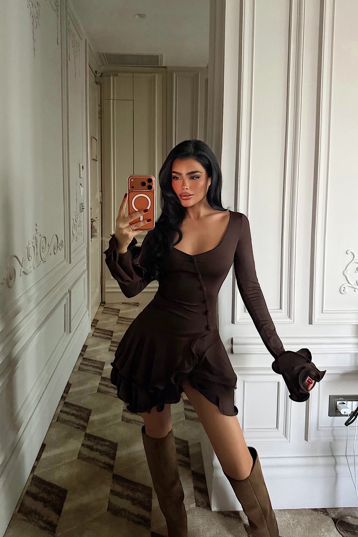 Kahverengi Taliah Mini Elbise ATE-4039