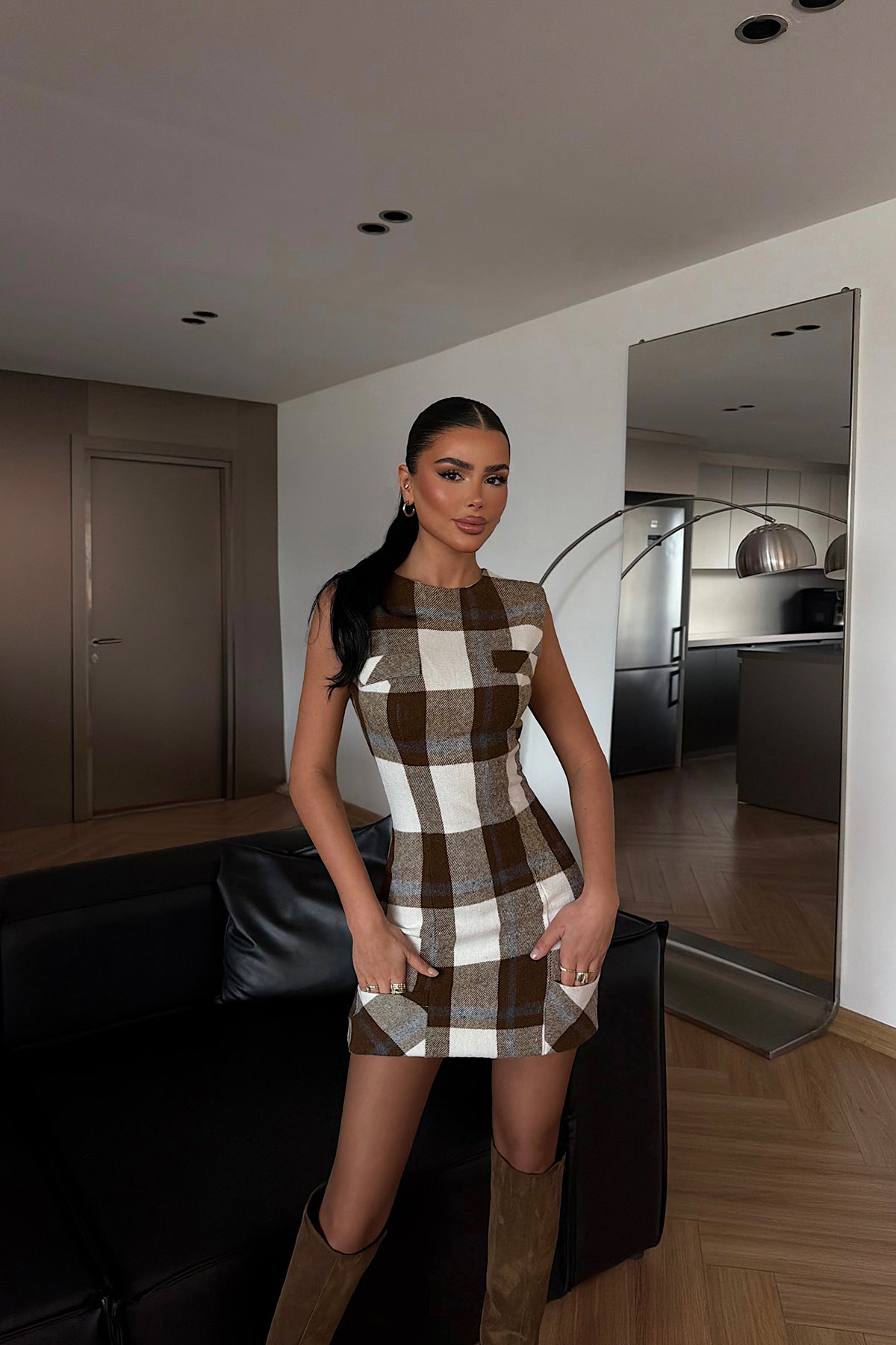 Kahverengi Vera Ekose Elbise ATE-4386