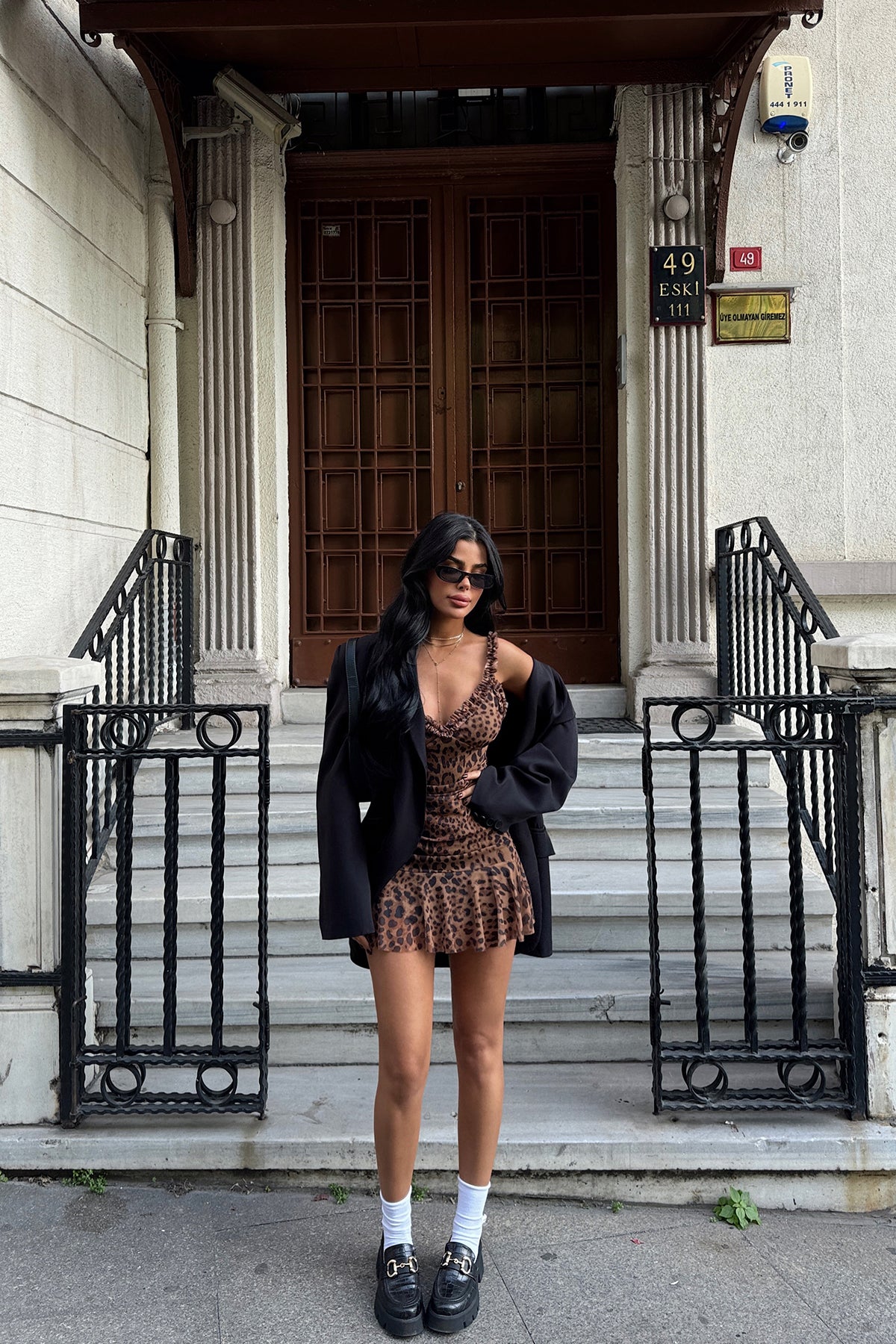 Kahverengi Zadie Leopar Desenli Mini Tül Elbise ATE-1750