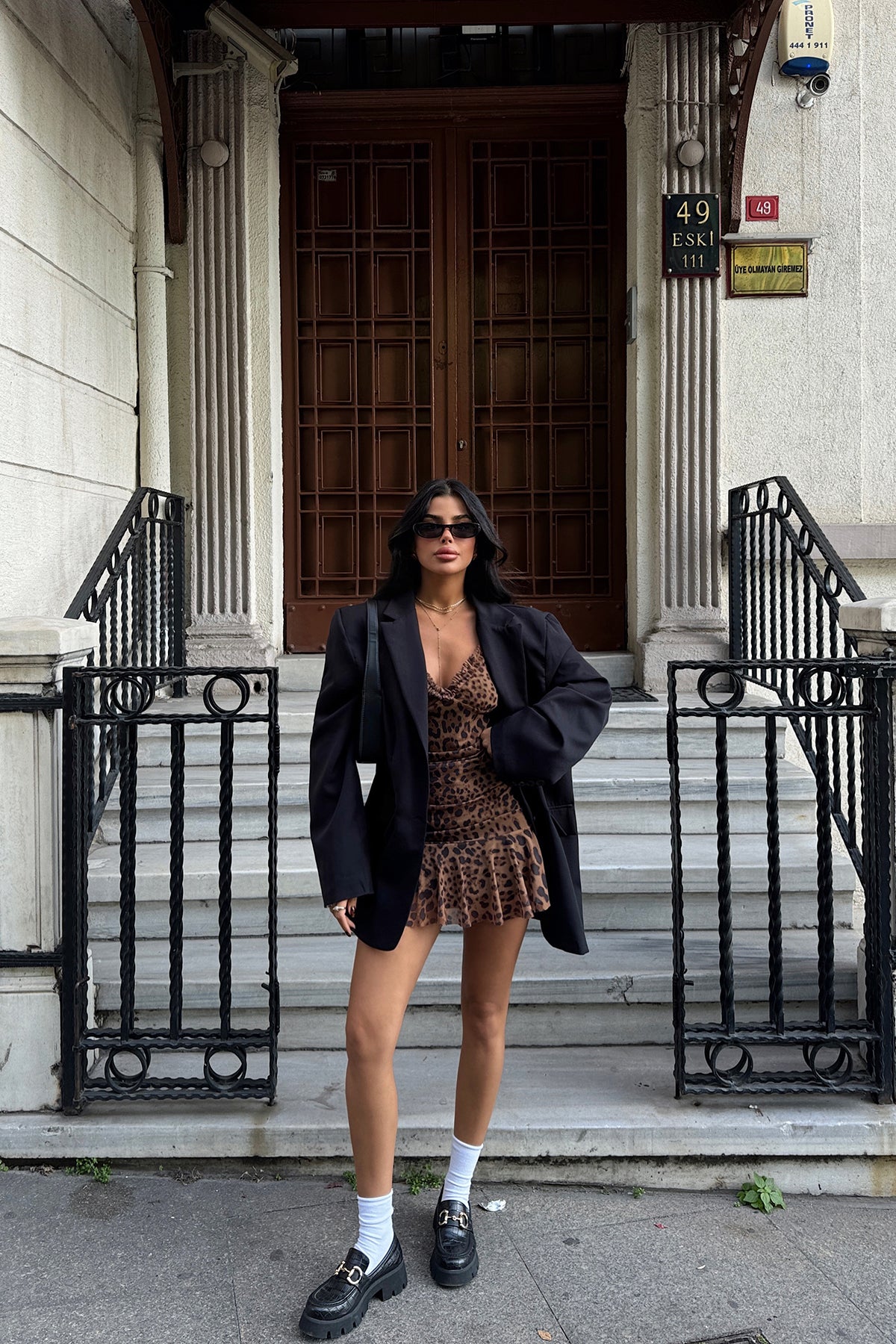 Kahverengi Zadie Leopar Desenli Mini Tül Elbise ATE-1750