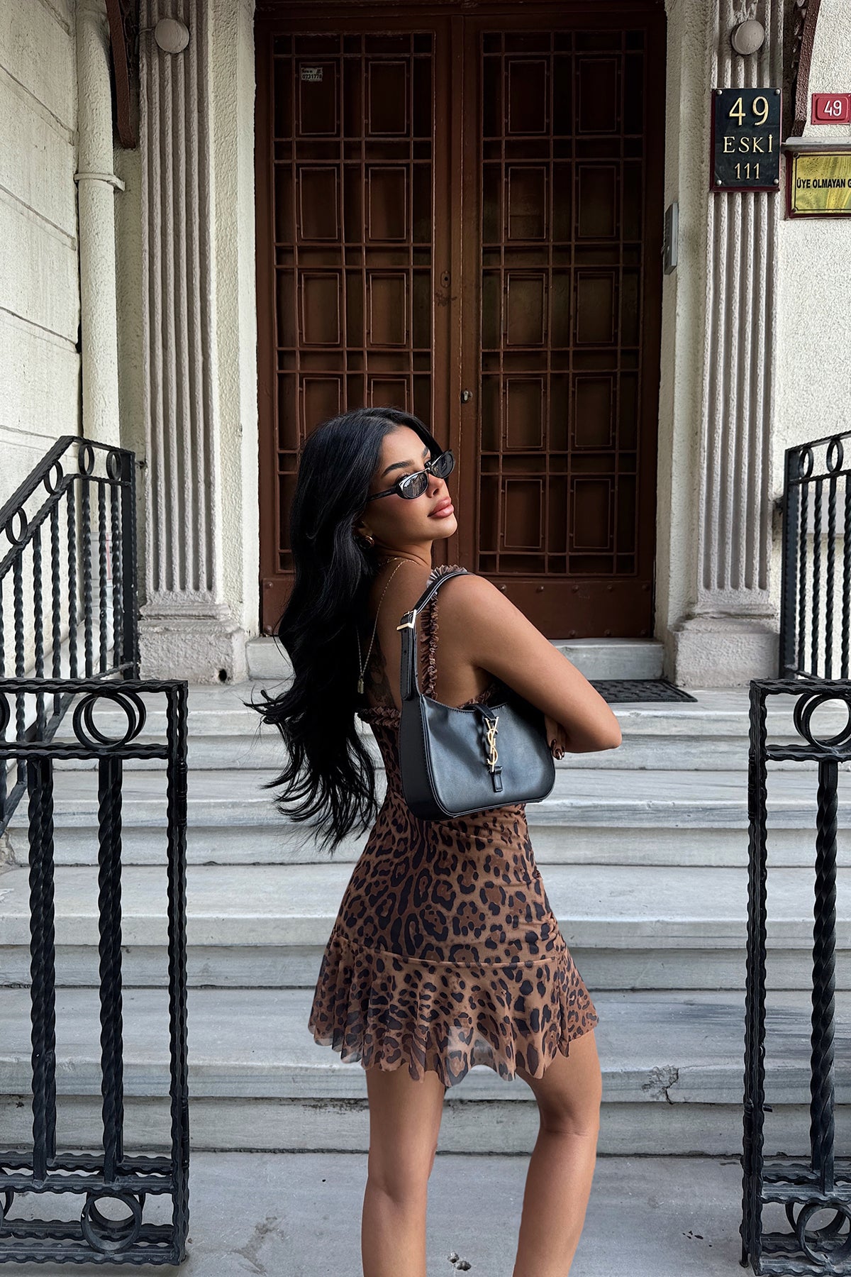 Kahverengi Zadie Leopar Desenli Mini Tül Elbise ATE-1750