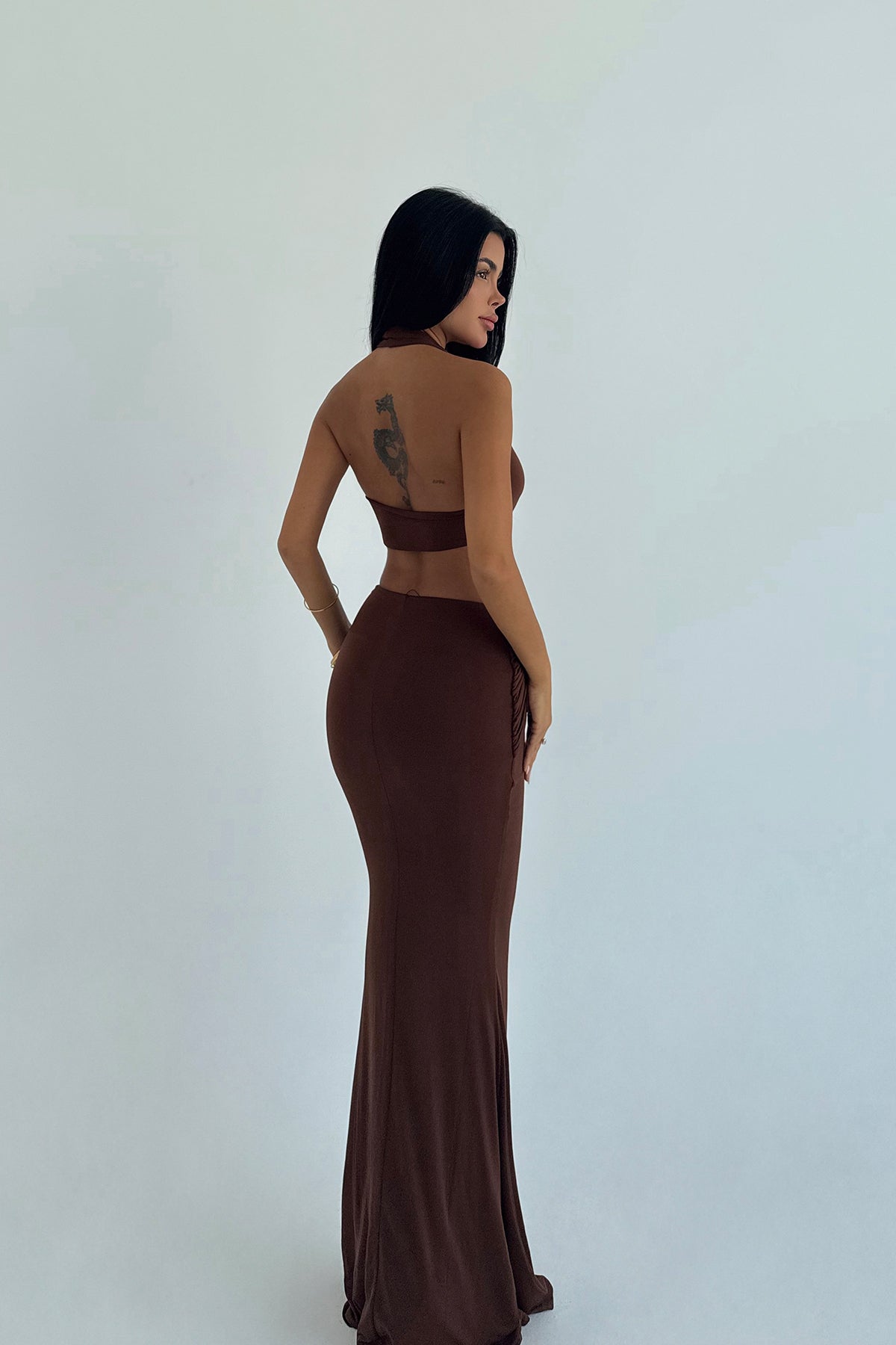 Kahverengi Seamed Uzun Elbise ATE-3493