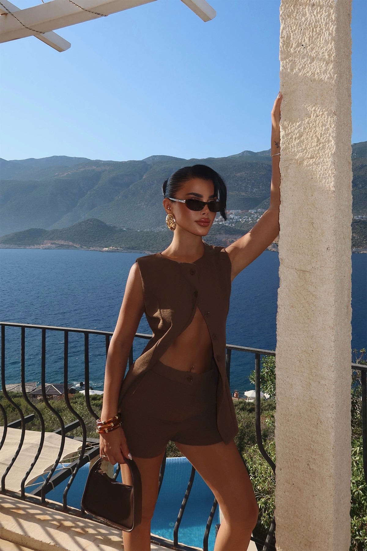 Kahverengi Loutra Mini Şortlu Takım ATE-3004