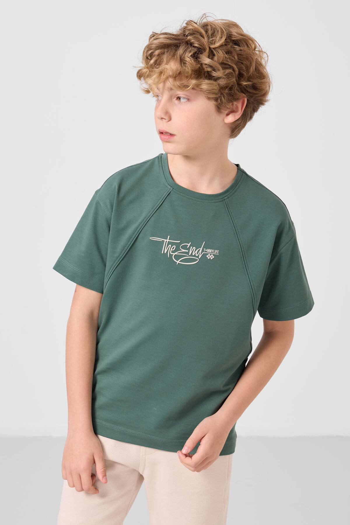 Açık Yeşil Pamuklu Yumuşak Dokulu Oversize Baskılı Erkek Çocuk T-Shirt - 11285