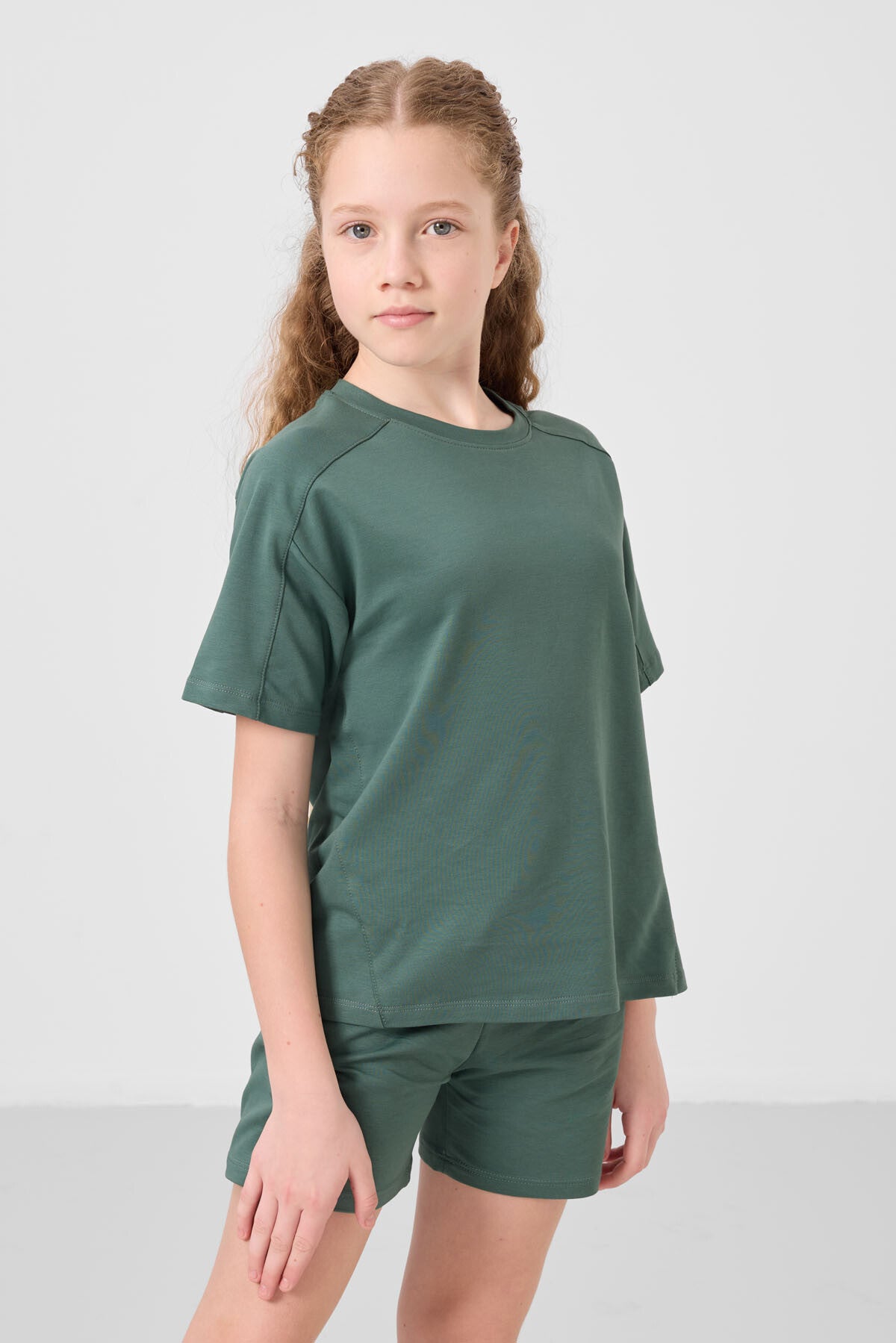 Açık Yeşil Pamuklu Yumuşak Dokulu Standart Fit Basic Kız Çocuk Şort Takım - 75184