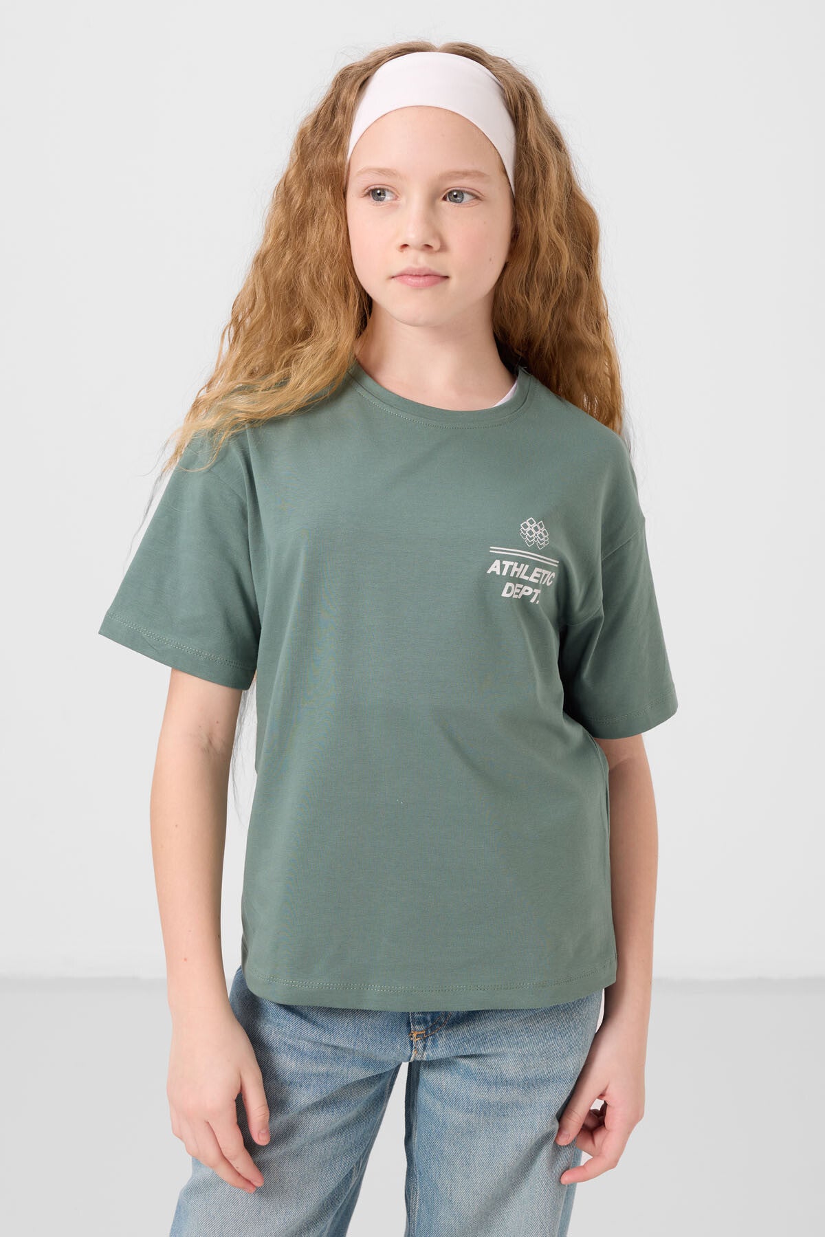 Açık Yeşil Pamuklu O Yaka Oversize Fit Baskılı Kız Çocuk T-Shirt - 75178