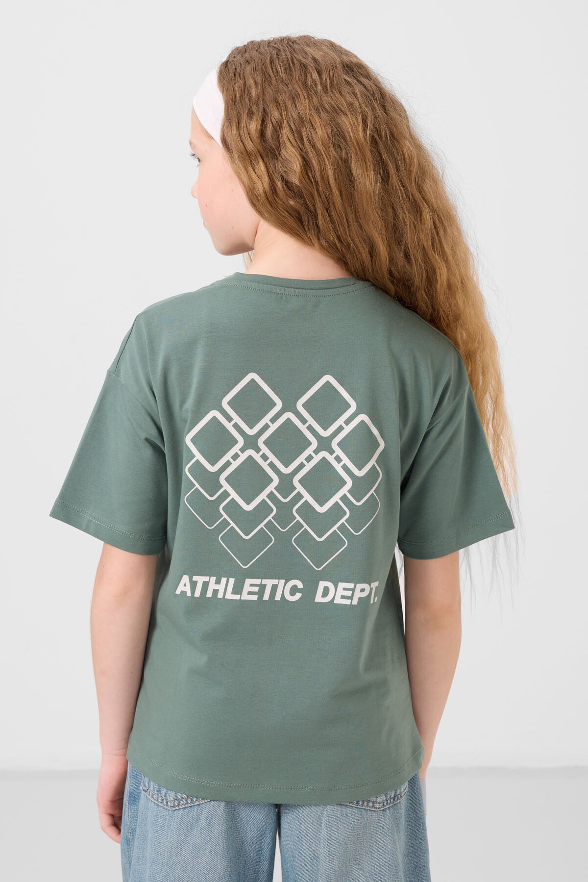 Açık Yeşil Pamuklu O Yaka Oversize Fit Baskılı Kız Çocuk T-Shirt - 75178